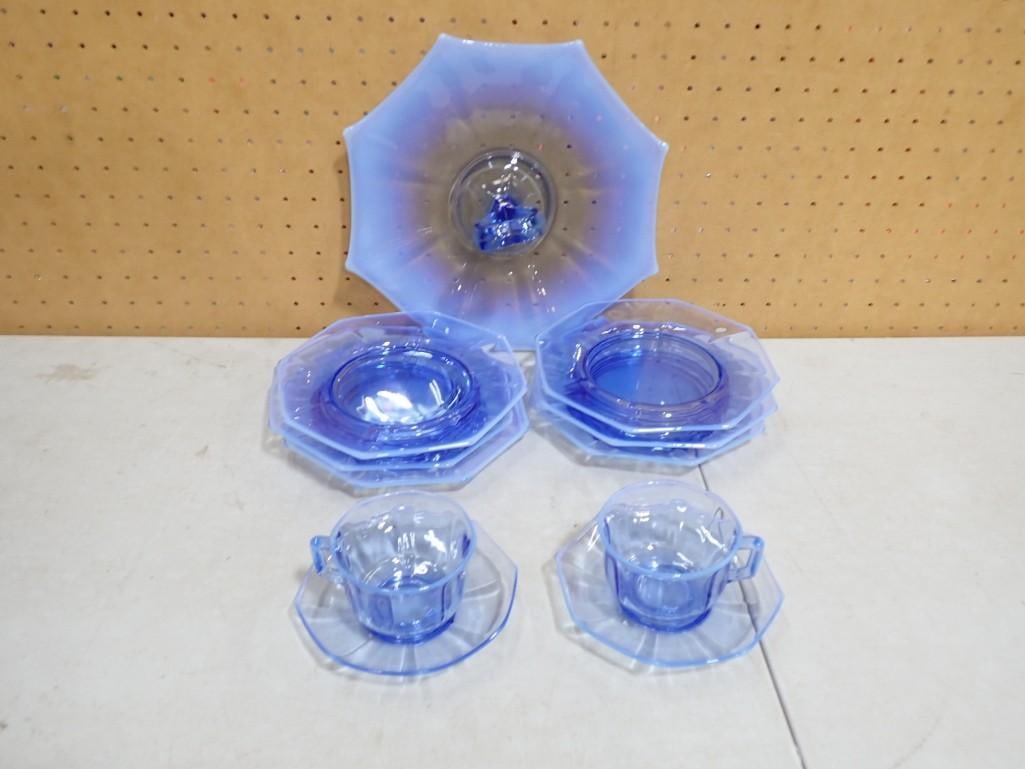 Imperial Glass Vintage Molly Blue Opalescent Tid Bit Tray, 2 cups w/ saucers, 6 plates, etc: Imperial Glass Vintage Molly Blue Opalescent Tid Bit Tray, 2 cups w/ saucers, 6 plates, etc All pictures are considered part of the description and should be examined carefully by bidders. Live Auctio