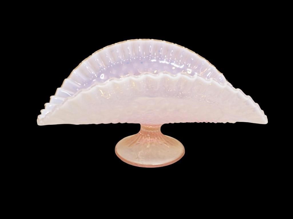Vintage Fenton Glass Pink Opalescent Hobnail Banana Boat Peaches and Cream Footed Tray: Vintage Fenton Glass Pink Opalescent Hobnail Banana Boat Peaches and Cream Footed Tray All pictures are considered part of the description and should be examined carefully by bidders. Live Auctioneers