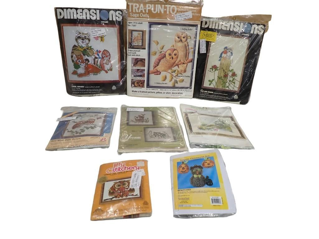 Vintage Crewel Embroidery Kits - Dimensions, Lee Wards, Sunset Designs, Owls, Jiffy Stitchery, etc. (1 of 8)