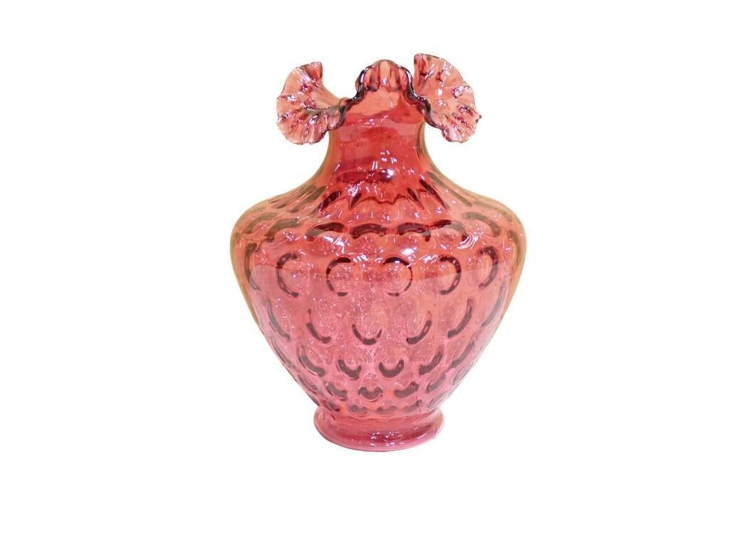 Vintage Fenton 12" Cranberry Coin Dot / Thumbprint Vase with Ruffled Rim - heavy piece: Vintage Fenton 12" Cranberry Coin Dot / Thumbprint Vase with Ruffled Rim - heavy piece All pictures are considered part of the description and should be examined carefully by bidders. Live Auction