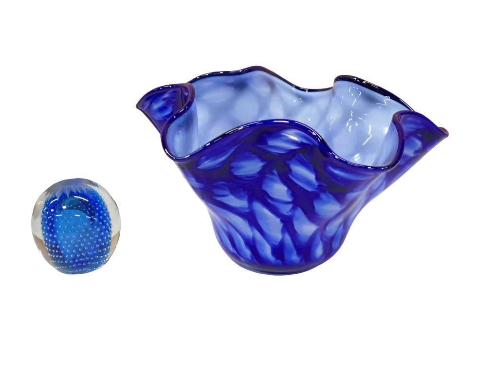 Blue Glass Lot - Art Glass Paperweight with Etched Butterfly Signed BHJ and Cobalt Ruffled Rim Art: Blue Glass Lot - Art Glass Paperweight with Etched Butterfly Signed BHJ and Cobalt Ruffled Rim Art Glass Bowl Signed by Matt McBride 2001 All pictures are considered part of the description and should