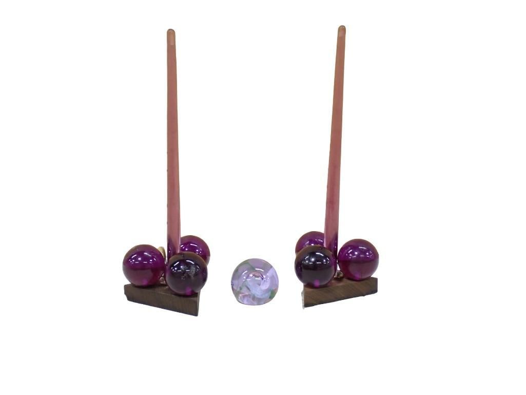 MCM Purple Amethyst Lucite Ball Candle Holders with Candles, Caithness Scotland Purple Swirl: MCM Purple Amethyst Lucite Ball Candle Holders with Candles, Caithness Scotland Purple Swirl Paperweight Moon Crystal Signed All pictures are considered part of the description and should be examined 