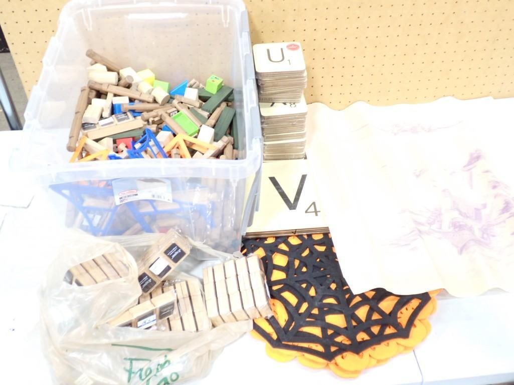 Misc Lot including Scrabble Tile Drink Coasters, Bin full of Toys including Lincoln Logs, Halloween: Misc Lot including Scrabble Tile Drink Coasters, Bin full of Toys including Lincoln Logs, Halloween Spider Web Decor, etc All pictures are considered part of the description and should be examined car