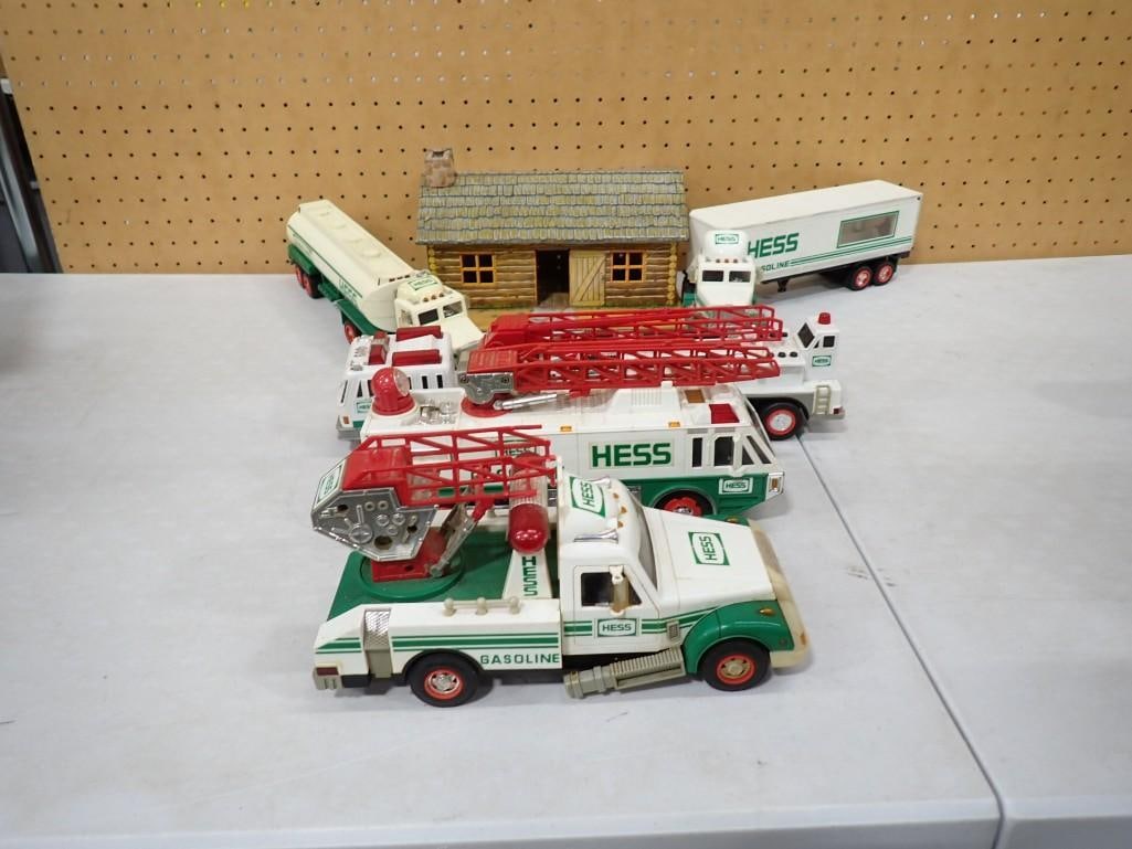 Hess Toy Truck lot including Firetrucks, Gass Trucks, Semi, etc. and a Marx Litho Metal Cabin (1 of 9)