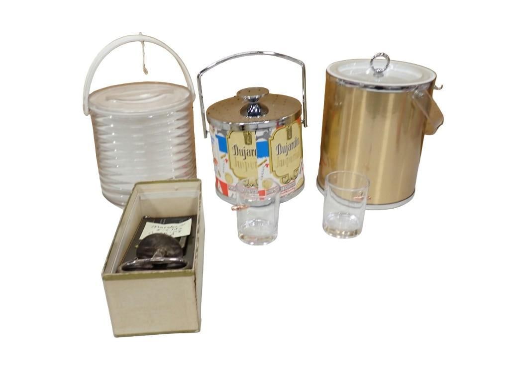 Lot of Vintage Ice Buckets including MCM, Marshall Field's Carving Aid with Box, Georges Briard, etc: Lot of Vintage Ice Buckets including MCM, Marshall Field's Carving Aid with Box, Georges Briard, etc All pictures are considered part of the description and should be examined carefully by bidders
