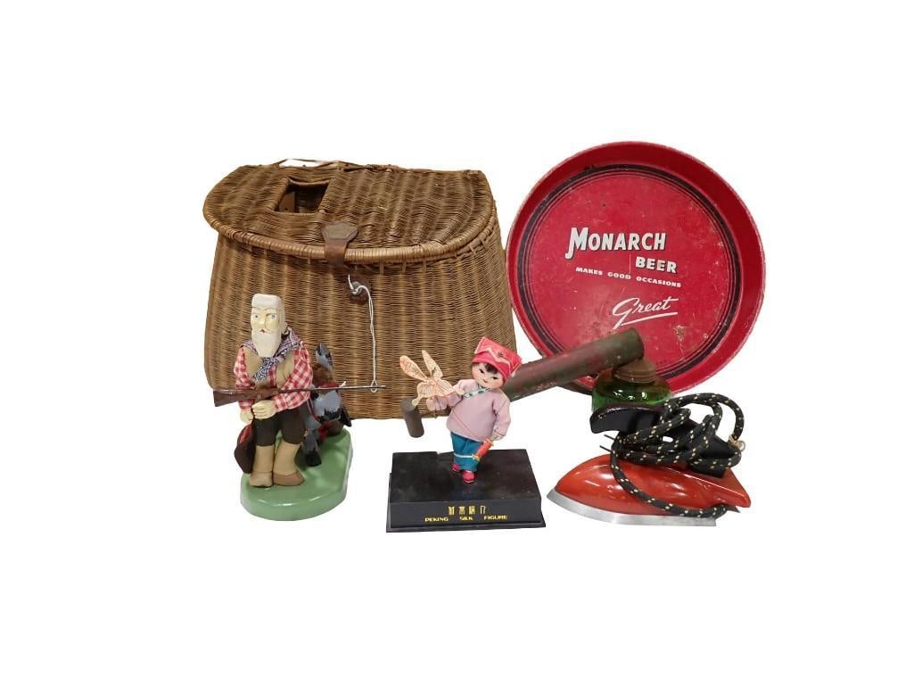 Vintage Monarch Beer Tray, Wicker Fishing Creel Basket, Peking Silk Figure, Sprayer/Pump, Iron: Vintage Monarch Beer Tray, Wicker Fishing Creel Basket, Peking Silk Figure, Sprayer/Pump, Iron, etc All pictures are considered part of the description and should be examined carefully by bidders. Liv