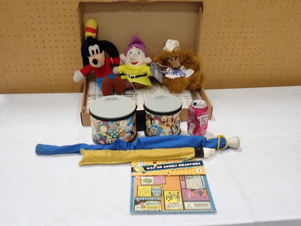 Misc Lot including Letterboard, Walt Disney Plush, Alf, Recorder Instrument, Remo Rhythm Club Bongo (1 of 9)