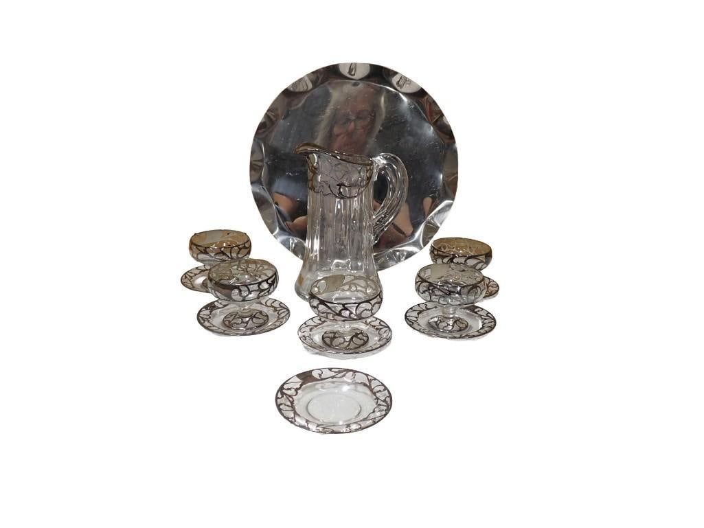 Lot of Silver Overlay Glassware including Pitcher, cups, plates, etc. and a metal tray (1 of 8)