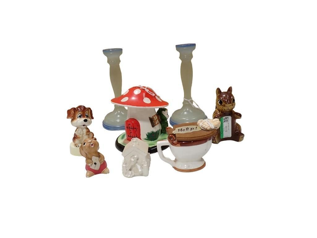 Misc Lot including Blue Opaline Glass Candlesticks, Animal Figurines, Elf Mushroom Ceramic bank: Misc Lot including Blue Opaline Glass Candlesticks, Animal Figurines, Elf Mushroom Ceramic bank, Novelty Toilet Mug, etc. All pictures are considered part of the description and should be examined car