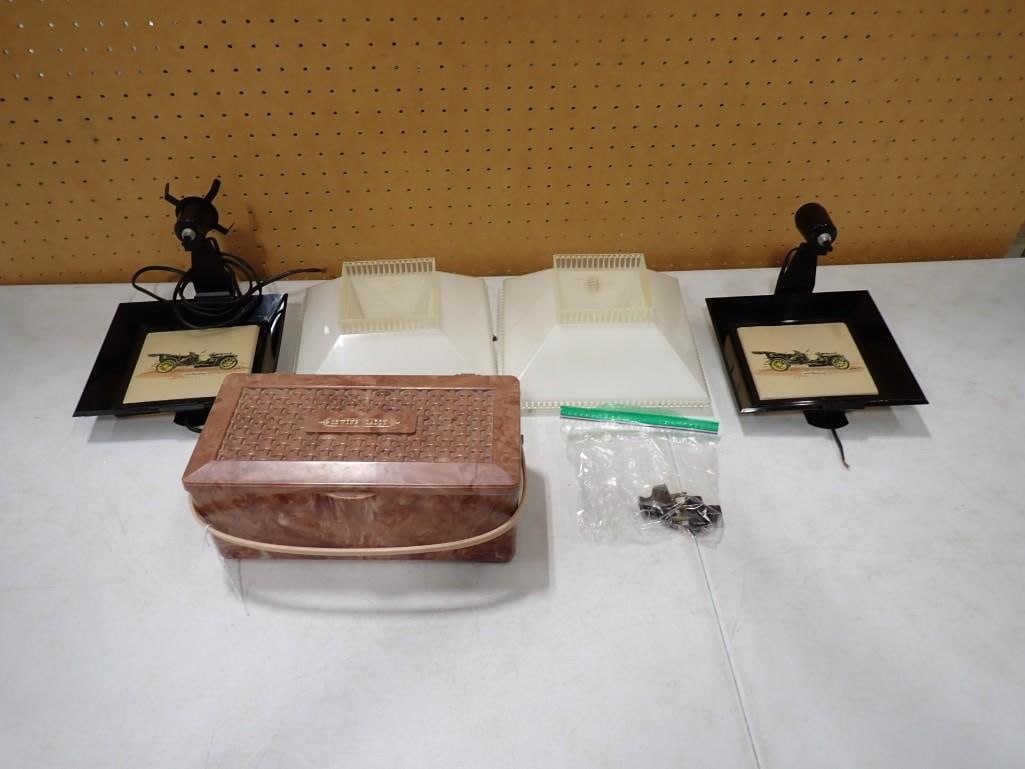 Misc lot including black plastic accent tray lamps with car inserts, MCM Marbled Plastic Sewing Cadd (1 of 7)