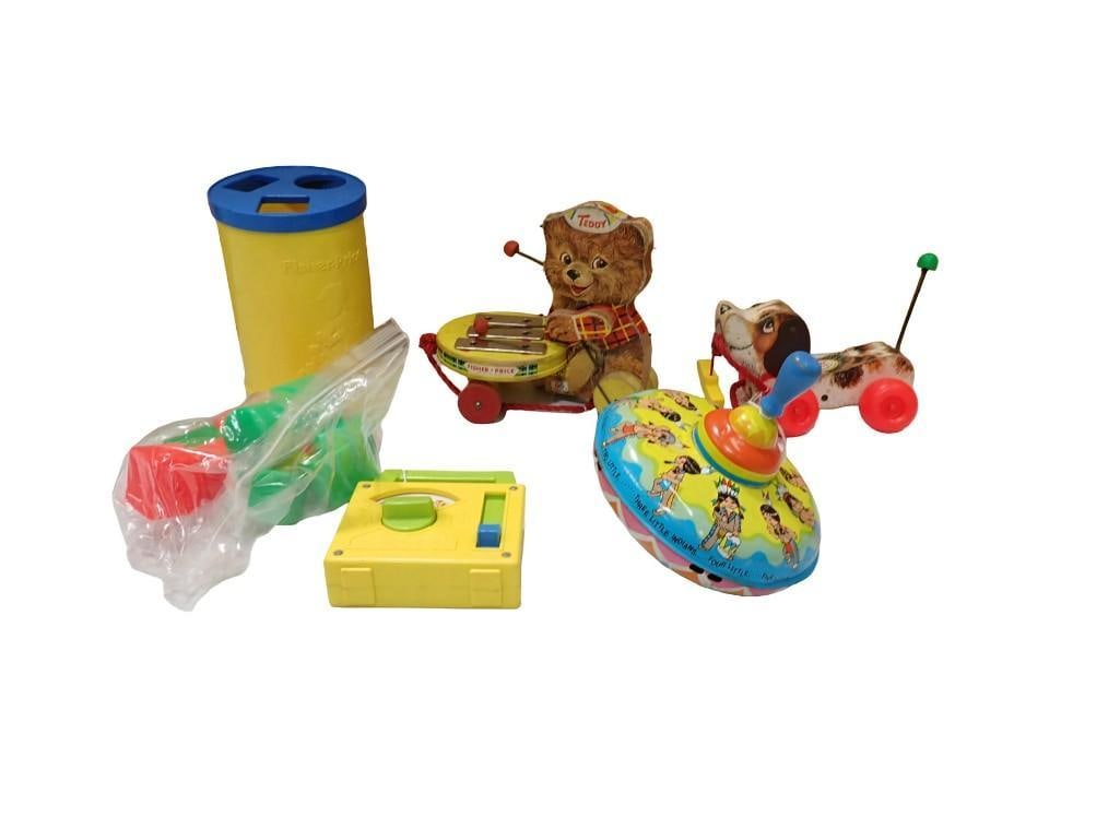 Vintage Toy Lot including Fisher Price Teddy Zilo, Tin Litho 10 Little Indians Spinning Top (1 of 7)