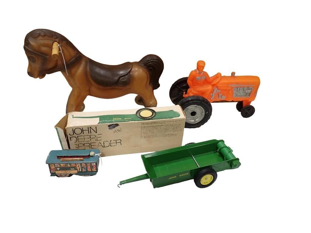 Toy Lot incl Pressed Steel John Deere Spreader with Box, Tin Litho Train, Blow Mold Orange Tractor, (1 of 12)