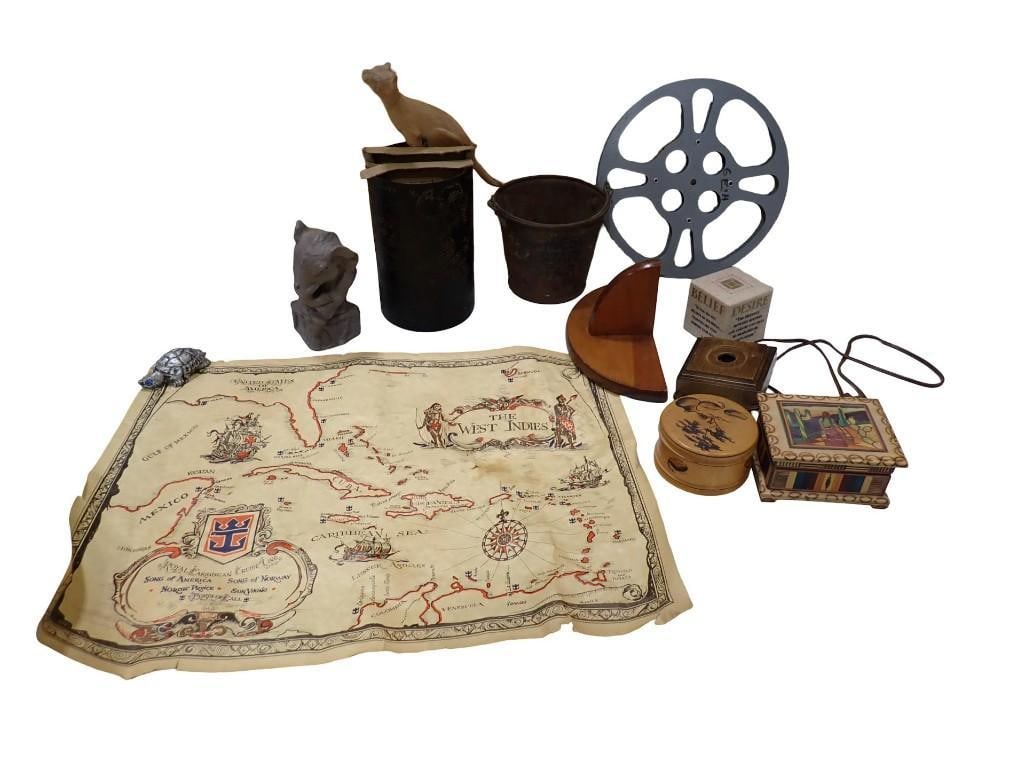 Container with Flower Design, Tacks, Movie Reel, Wood Cat, Turtle, Trinket Boxes, West Indies Map, (1 of 16)