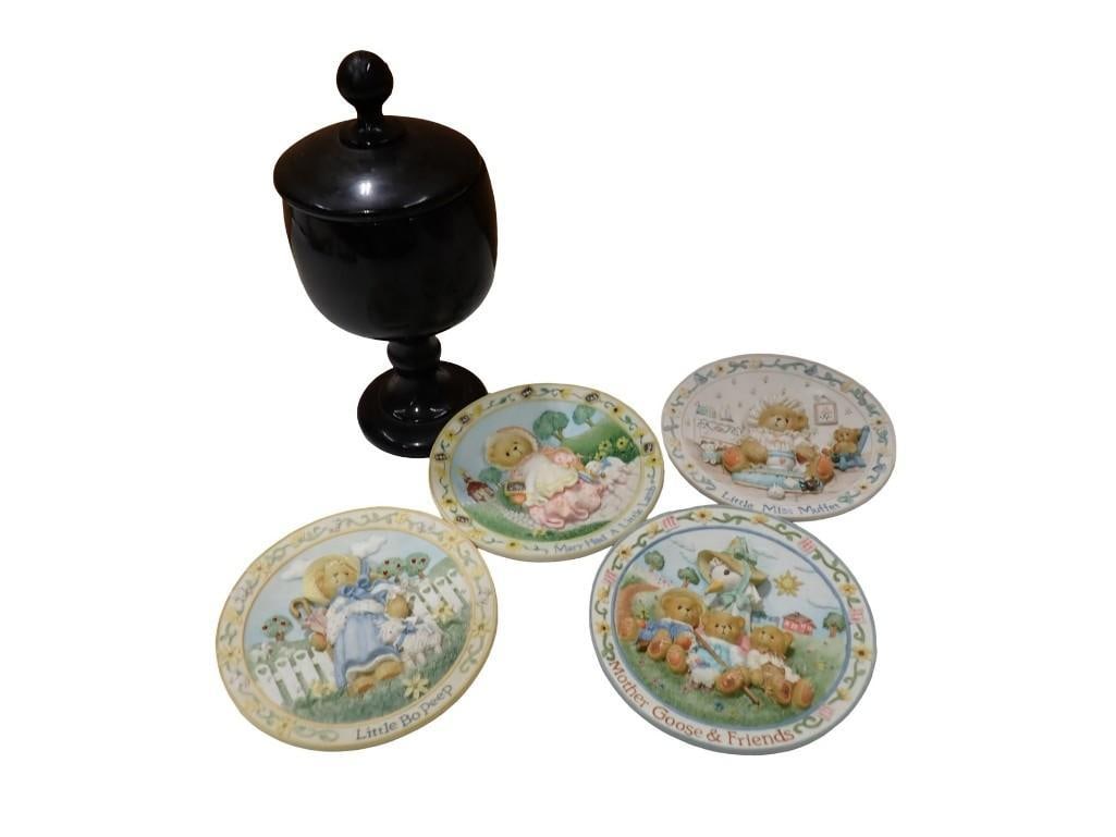Black Milk Glass Pedestal Candy Dish with Lid, 4 Cherished Teddies Nursery Rhymes Plate Collection: Black Milk Glass Pedestal Candy Dish with Lid, 4 Cherished Teddies Nursery Rhymes Plate Collection by Enesco All pictures are considered part of the description and should be examined carefully by bid