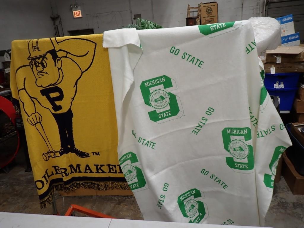 2 Blankets incl Michigan State Blanket and Purdue Throw Blanket with Fringe: 2 Blankets incl Michigan State Blanket approx 7.5 ft by 6 ft and Purdue Throw Blanket with Fringe approx 5 ft by 3.5 ft All pictures are considered part of the description and should be examined caref