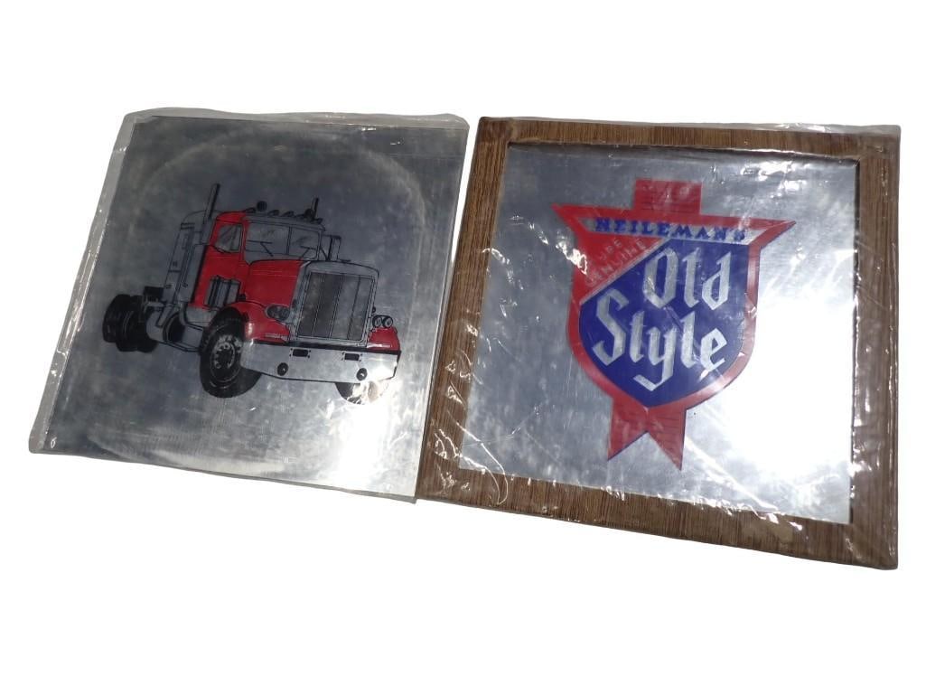 2 Bar Mirrors incl Old Style Beer Mirror and Semi Truck Mirror: 2 Bar Mirrors incl Old Style Beer Mirror approx 12.5" x 12.5" and Semi Truck Mirror approx 12.5" x 12.5" All pictures are considered part of the description and should be examined care