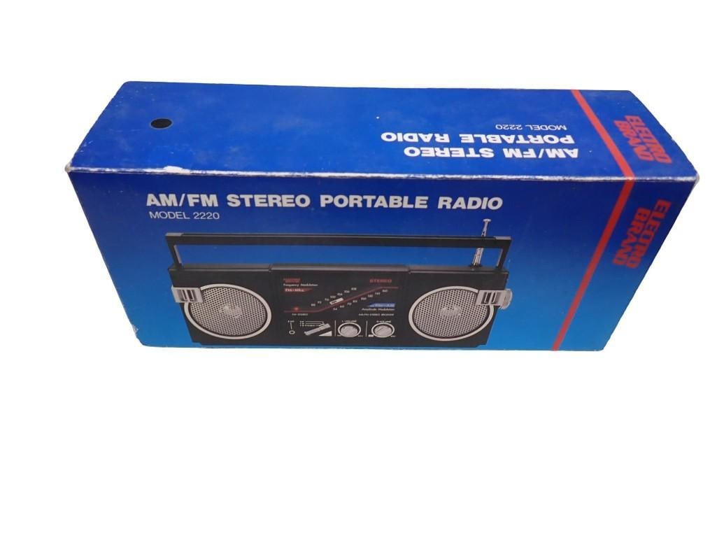 Vintage AM FM Portable Stereo Electro Brand New in Box: Vintage AM FM Portable Stereo Electro Brand New in Box All pictures are considered part of the description and should be examined carefully by bidders. Live Auctioneers is now offering Live Shipping t