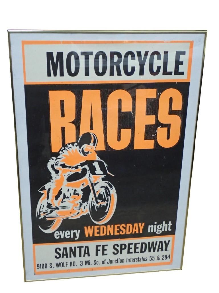 Vintage Motorcycle Races Poster Santa Fe Speedway: Vintage Motorcycle Races Poster Santa Fe Speedway 24" x 36" All pictures are considered part of the description and should be examined carefully by bidders. Live Auctioneers is now offering Li