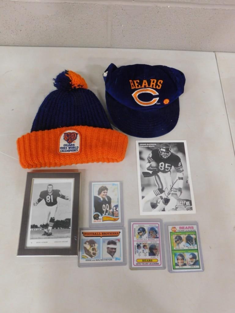 Chicago Bears Lot including Knit and corduroy hats, vintage cards including Walter Payton, 1970's: Chicago Bears Lot including Knit and corduroy hats, vintage cards including Walter Payton, 1970's, Autographed Dennis McKinnon (No COA), etc. All pictures are considered part of the descripti