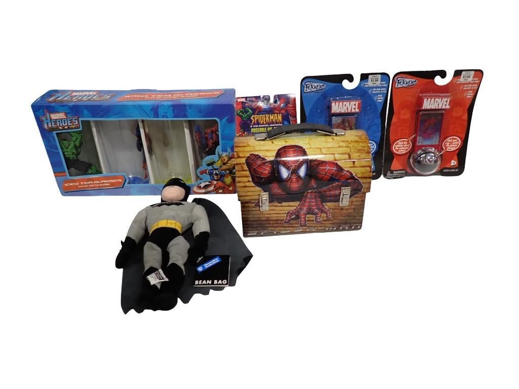 Lot of Comic Book Character Collectibles incl Marvel Heroes Iced Tea Glasses, Plush Batman, Spider-M (1 of 12)