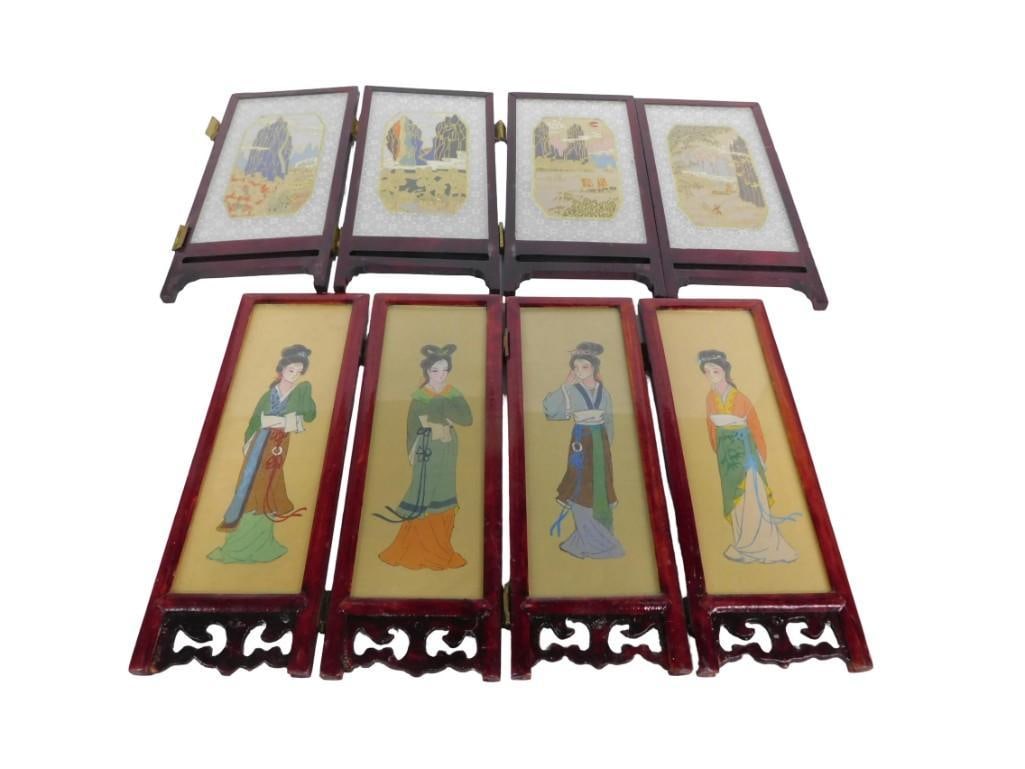 Two vintage miniature four-panel folding table screens with Asian Design: Two vintage miniature four-panel folding table screens with Asian Design All pictures are considered part of the description and should be examined carefully by bidders. Live Auctioneers is now offeri