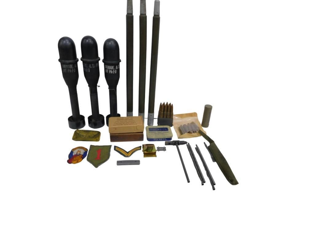 Lot of Inert Military Practice Ordinances including practice Rifle Grenades and other military: Lot of Inert Military Practice Ordinances including practice Rifle Grenades and other military collectibles including belt buckles, etc All pictures are considered part of the description and should b