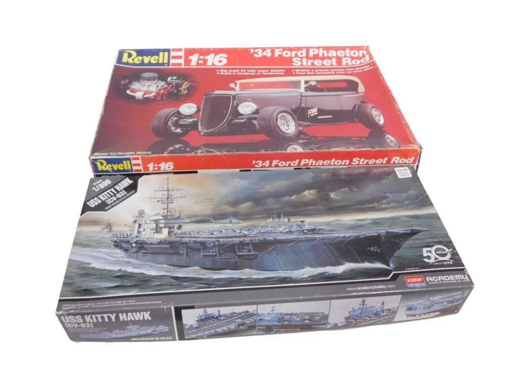 2 Model Kits including Revell 1:16 Scale 1934 Ford Phaeton Street Rod, 1:800 USS Kitty Hawk ICV-631: 2 Model Kits including Revell 1:16 Scale 1934 Ford Phaeton Street Rod, Academy 1:800 Scale USS Kitty Hawk ICV-631 All pictures are considered part of the description and should be examined carefully b