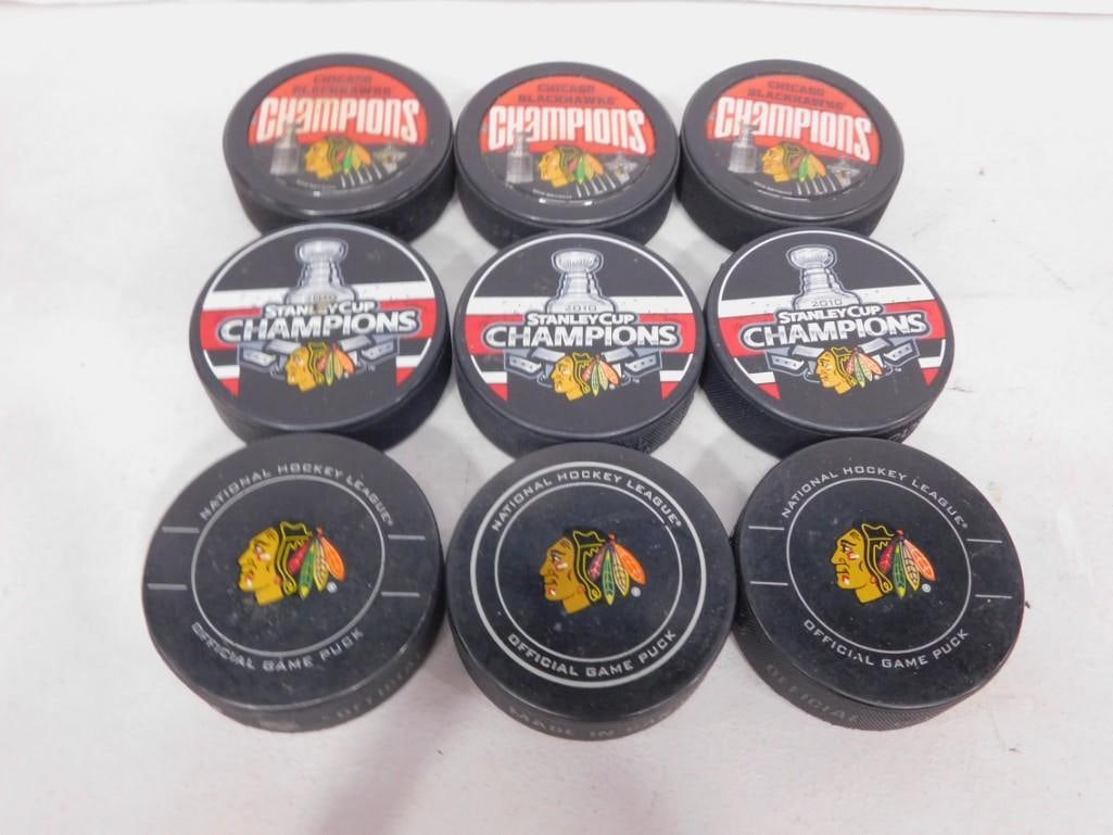 Lot off Chicago Blackhawks Stanley Cup Champions Hockey Pucks: Lot off Chicago Blackhawks Stanley Cup Champions Hockey Pucks All pictures are considered part of the description and should be examined carefully by bidders. Live Auctioneers is now offering Live Shi