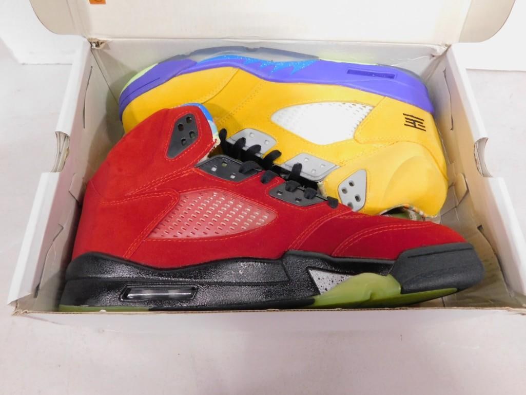 Pair of Nike Air Jordan 5 What The Size 11 Basketball / Gym Shoes: Pair of Nike Air Jordan 5 What The Size 11 Basketball / Gym Shoes All pictures are considered part of the description and should be examined carefully by bidders. Live Auctioneers is now offering Live