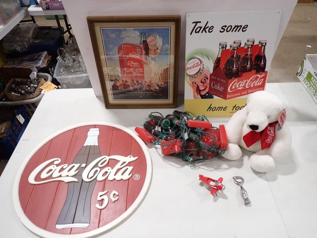 Coca Cola Lot including 1950 Ad with Vending Machine Framed, Boyd's Plush, retro Metal Sign, Lights,: Coca Cola Lot including 1950 Ad with Vending Machine Framed, Boyd's Plush, retro Metal Sign, Lights, Mini's etc. All pictures are considered part of the description and should be examined care