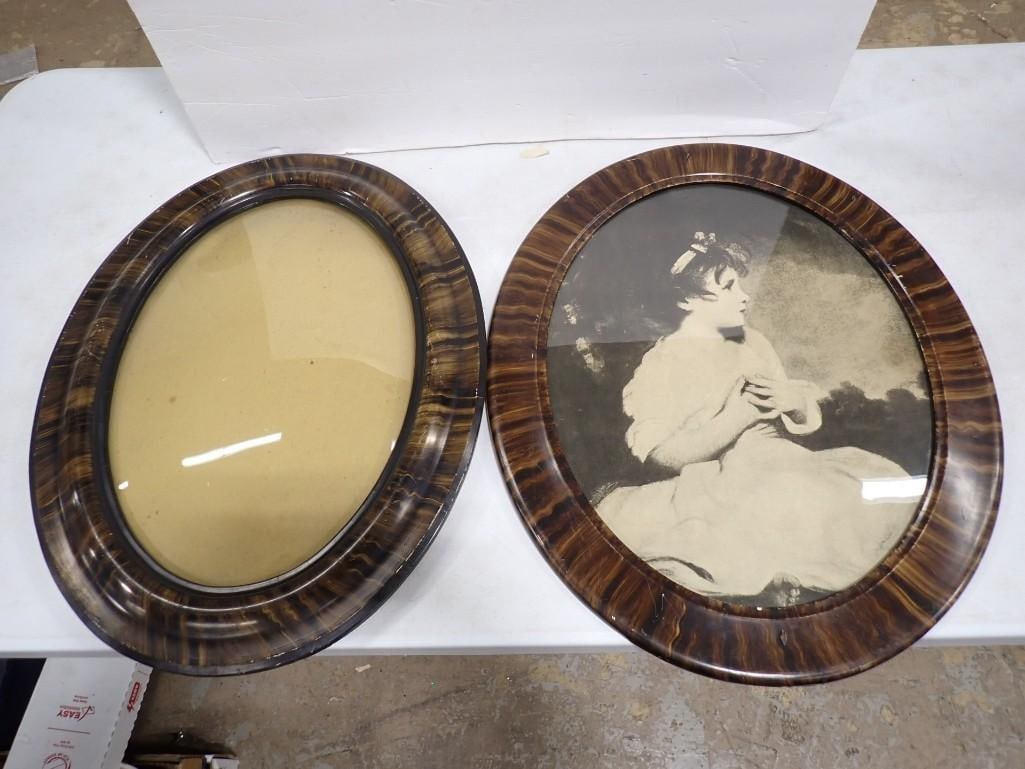 Two Vintage or Antique Large Oval Glass Picture Frames - One with an old print (1 of 10)