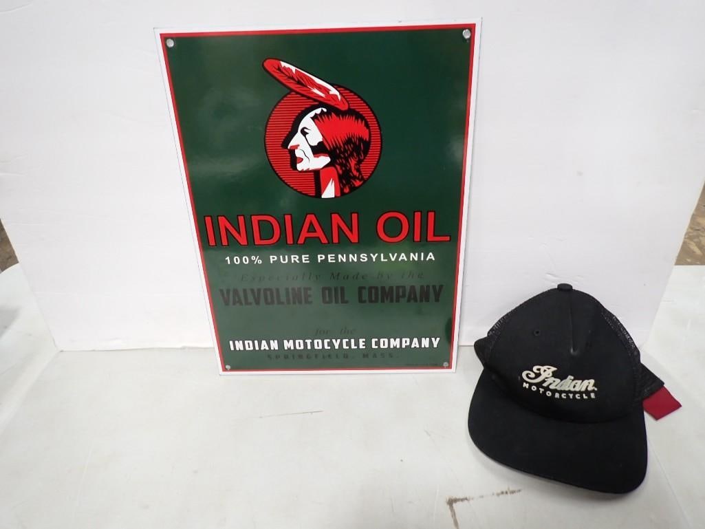 Indian Motorcycle Snap-Back Trucker Hat and Vintage Indian Oil Sign - Heavy Porcelain: Indian Motorcycle Snap-Back Trucker Hat and Vintage Indian Oil Sign - Heavy Porcelain All pictures are considered part of the description and should be examined carefully by bidders. Live Auctioneers 