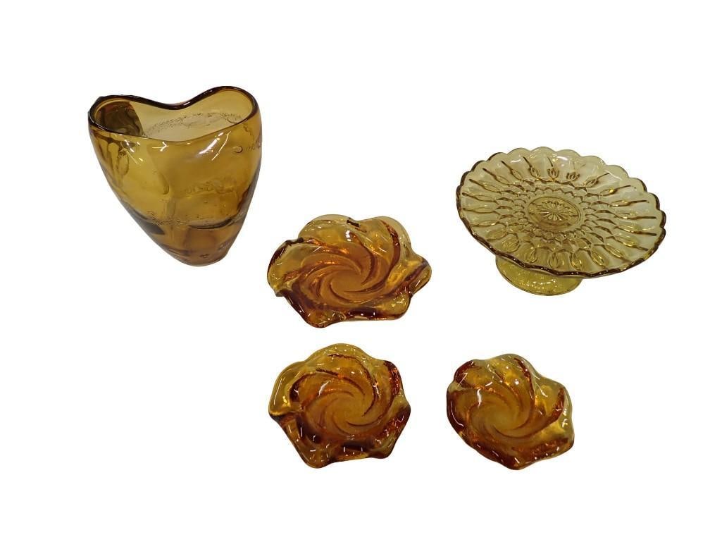 Amber Glass - Crate & Barrel Honey Vase with Swirl Bubbles, 3 Fenton 1960's MCM Handblown Dishes: Amber Glass - Crate & Barrel Honey Vase with Swirl Bubbles, 3 Fenton 1960's MCM Handblown Dishes / Ashtrays in Honey Amber Swirl, Anchor Hocking 10" Cake Stand - Honey Amber All pictures a