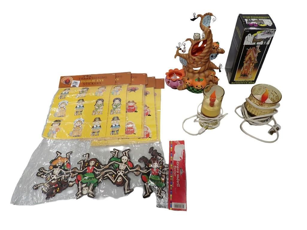 Halloween Lot - Partylite Haunted Tealight Tree, Homemade Vintage Candlelights / Plug In, Day of the: Halloween Lot - Partylite Haunted Tealight Tree, Homemade Vintage Candlelights / Plug In, Day of the Dead Celebration Garland, 1995 Lighted Porcelain Pencil House All pictures are considered part of t