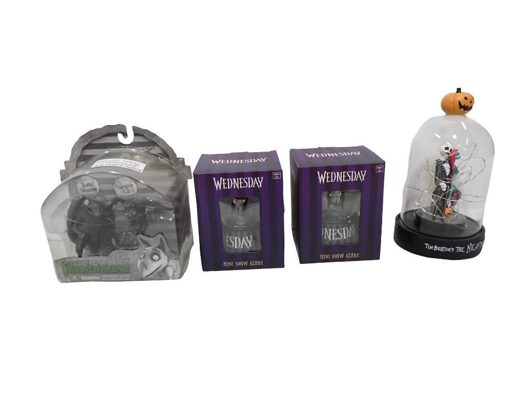 Two Wednesday Addams Family Mini Snow Globes, Nightmare Before Christmas Light Up Cloche, Disney: Two Wednesday Addams Family Mini Snow Globes, Nightmare Before Christmas Light Up Cloche, Disney Frankenweenie Turtle Monster and Vampire Cat New in Package All pictures are considered part of the des