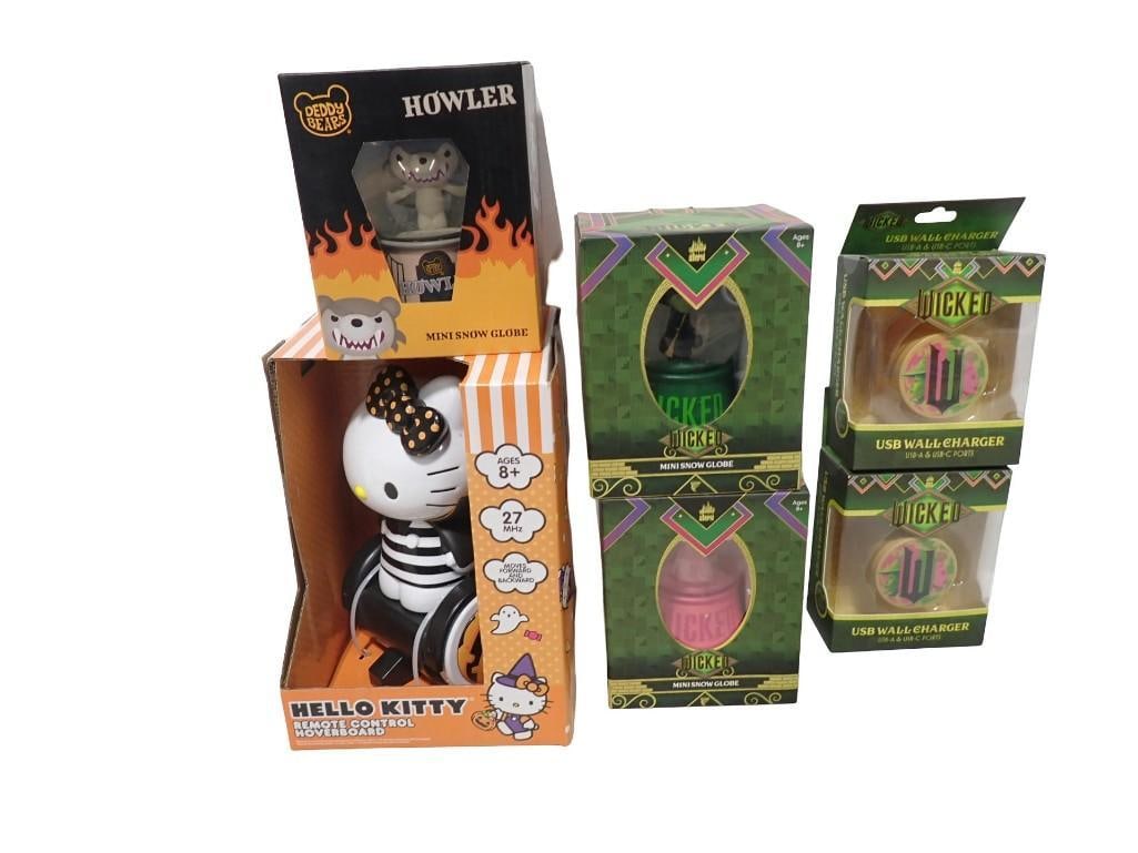Halloween Lot including Hello Kitty, Howler Mini Snow Globe, Wicked Snow Globes, USB Wall Chargers: Halloween Lot including Hello Kitty, Howler Mini Snow Globe, Wicked Snow Globes, USB Wall Chargers - all new in packages All pictures are considered part of the description and should be examined care