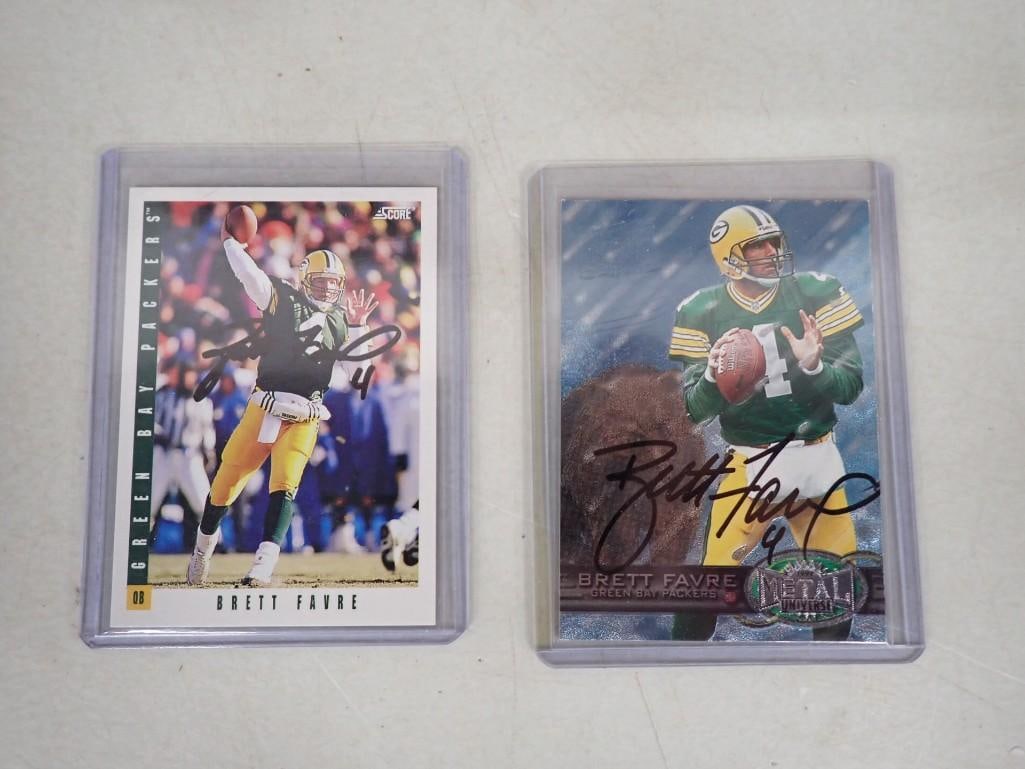 Two Brett Favre Autographed Football Cards - No COAs: Two Brett Favre Autographed Football Cards - No COAs All pictures are considered part of the description and should be examined carefully by bidders. Live Auctioneers is now offering Live Shipping thr