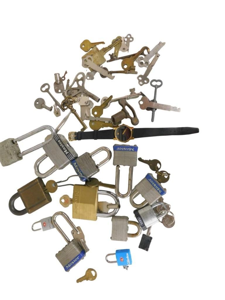 Lot of Assorted Pad Locks, Vintage / Antique Keys, Wrist Watch: Lot of Assorted Pad Locks, Vintage / Antique Keys, Wrist Watch All pictures are considered part of the description and should be examined carefully by bidders. Live Auctioneers is now offering Live Sh