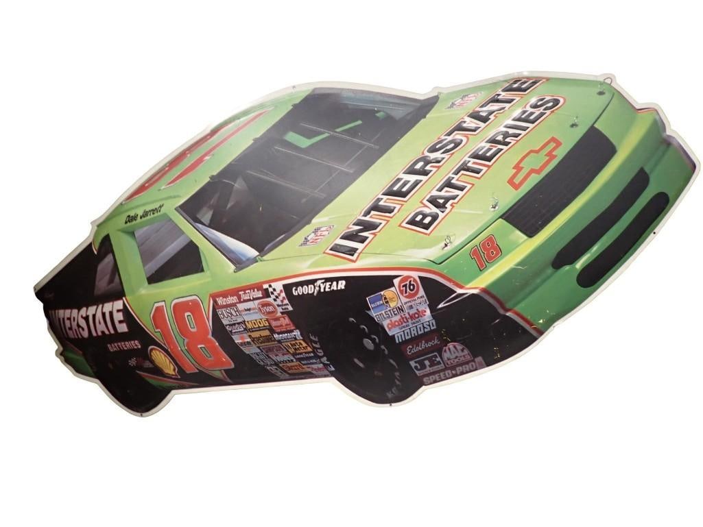 Vintage Metal Advertising Sign Shaped LIke Dale Jarrett's #18 Interstate Batteries Chevrolet Lumina: vintage dealer-only metal advertising sign shaped like Dale Jarrett’s iconic #18 Interstate Batteries Chevrolet Lumina from his early-1990s Joe Gibbs Racing NASCAR day. Condition: ha