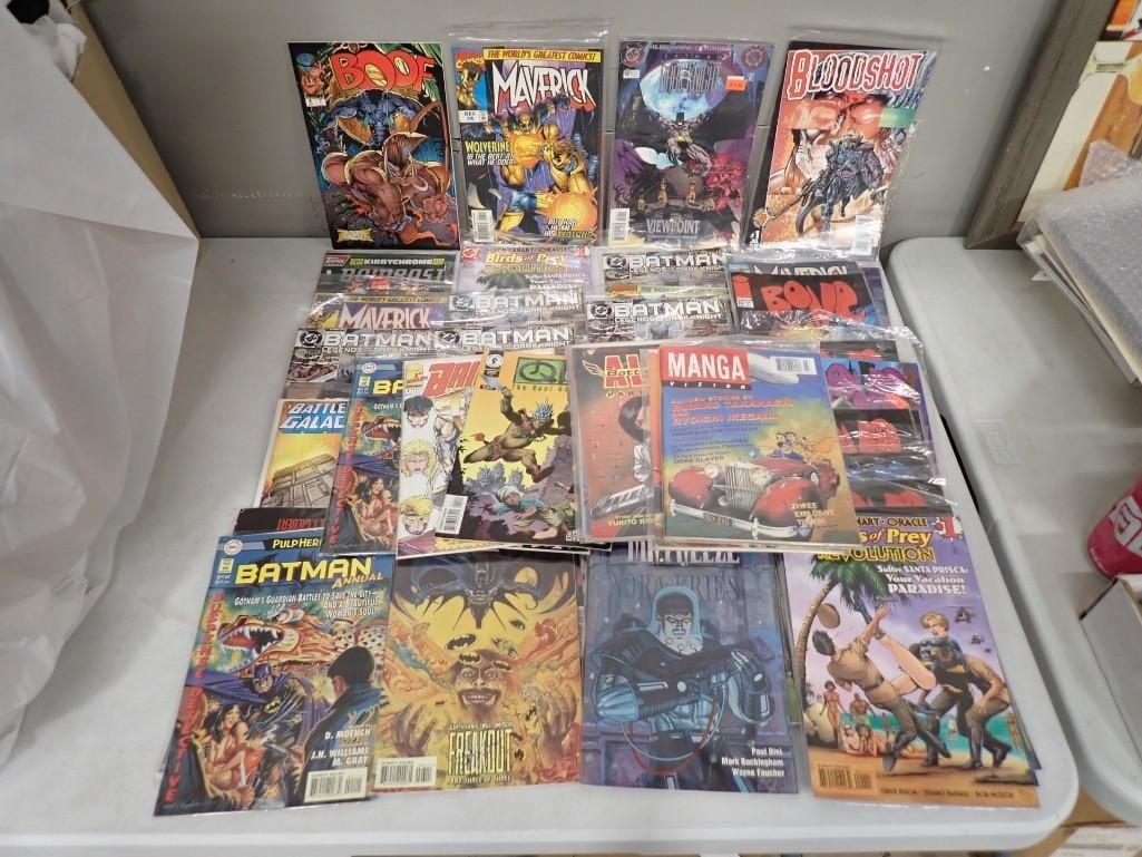 Lot of Comic Books incl Batman, Bloodshot, Boof, Maverick, Manga Vizion, etc: Lot of Comic Books incl Batman, Bloodshot, Boof, Maverick, Manga Vizion, etc All pictures are considered part of the description and should be examined carefully by bidders. Live Auctioneers is now of