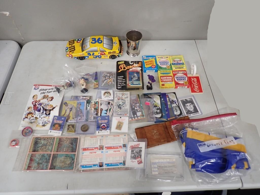 Sports Lot including Cards including Vintage, Milwaukee Brewers Flag, Boston Red Sox Wallet, M&Ms (1 of 19)