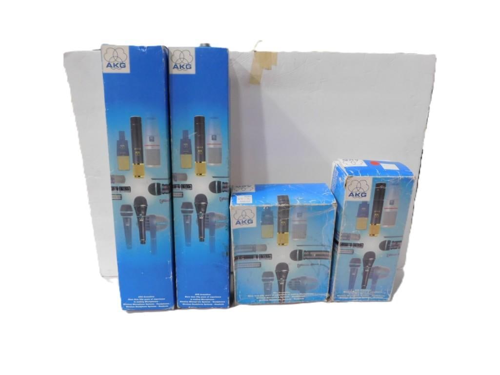 Lot of AKG Microphones with Boxes: Lot of AKG Microphones with Boxes All pictures are considered part of the description and should be examined carefully by bidders. Live Auctioneers is now offering Live Shipping through them. This is 