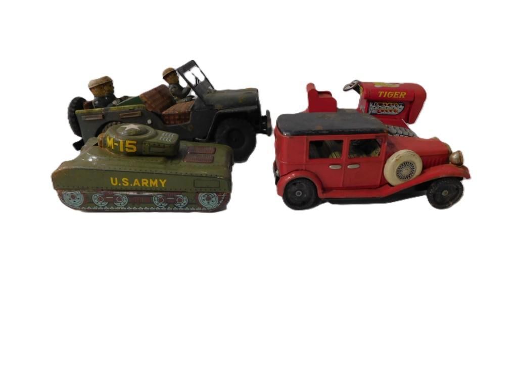 Vintage Toy Lot including Tin Litho Military, Cars, Tractor, etc: Vintage Toy Lot including Tin Litho Military, Cars, Tractor, etc All pictures are considered part of the description and should be examined carefully by bidders. Live Auctioneers is now offering Live 