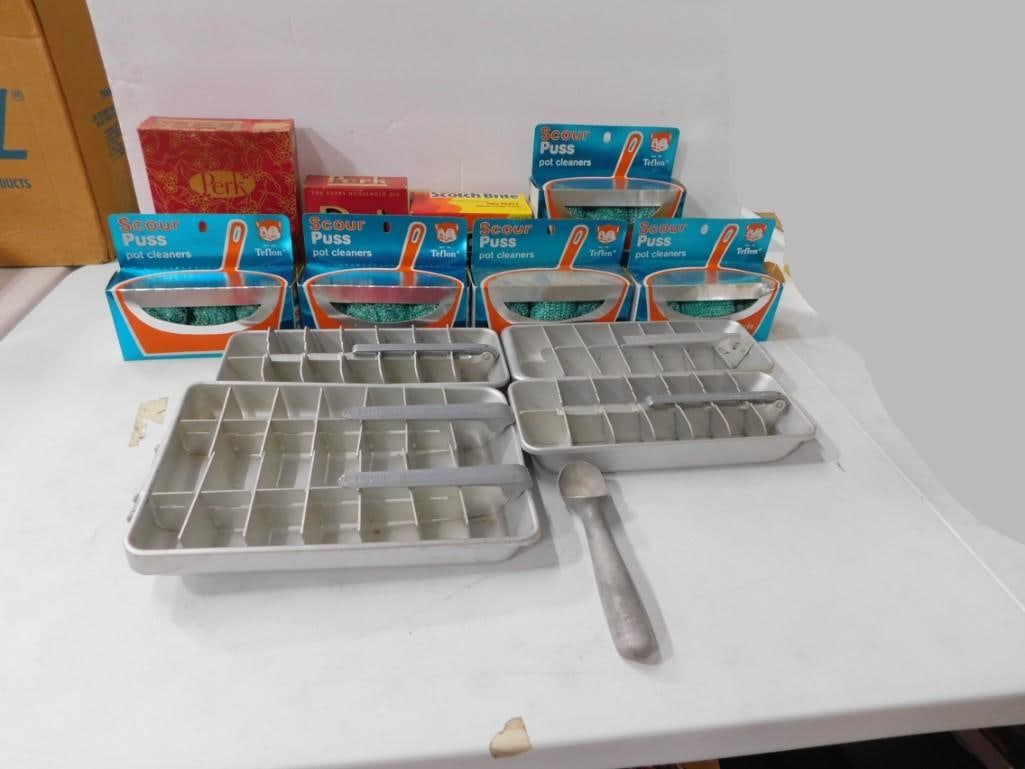 Vintage Kitchen Lot including Aluminum Ice Trays, Scour Puss Pot Cleaners, Ice Cream Scoop, etc (1 of 14)