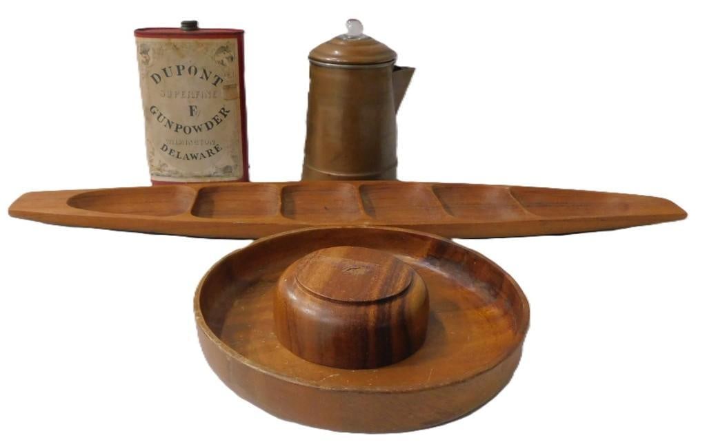 MCM Teak Wood Serving Pieces, Vintage Dupont Gunpowder Flask, Copper Coffee Percolator (1 of 16)