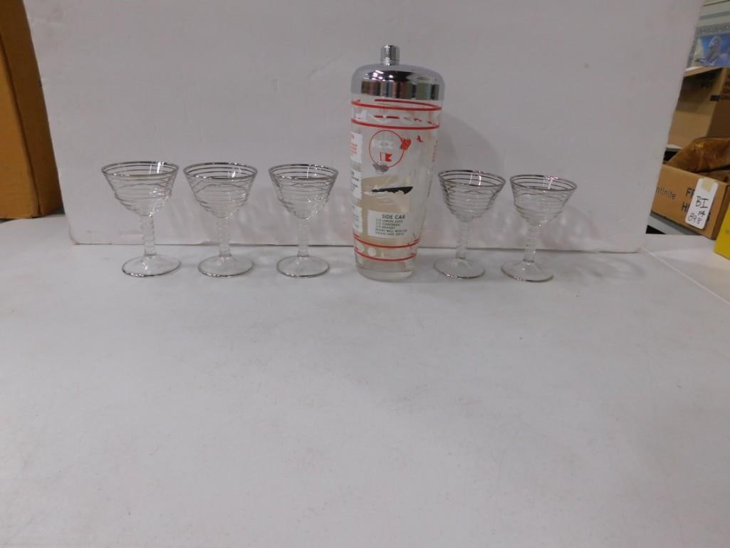 MCM Vintage ringed optic stemware cocktail or champagne coupe glasses, Cocktail Shaker with drink (1 of 10)