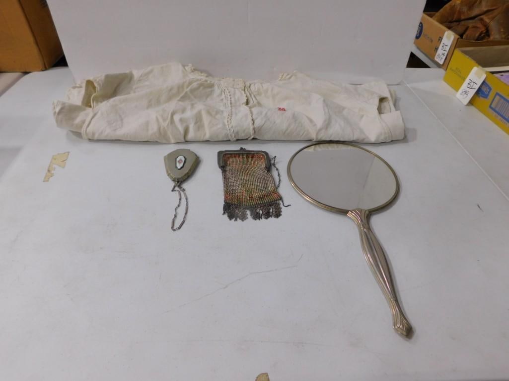 Vintage or Antique Lot including Vanity Mirror, Metal Compact, enameled metal mesh evening bag: Vintage or Antique Lot including Vanity Mirror, Metal Compact, enameled metal mesh evening bag, Linen, etc All pictures are considered part of the description and should be examined carefully by bidde