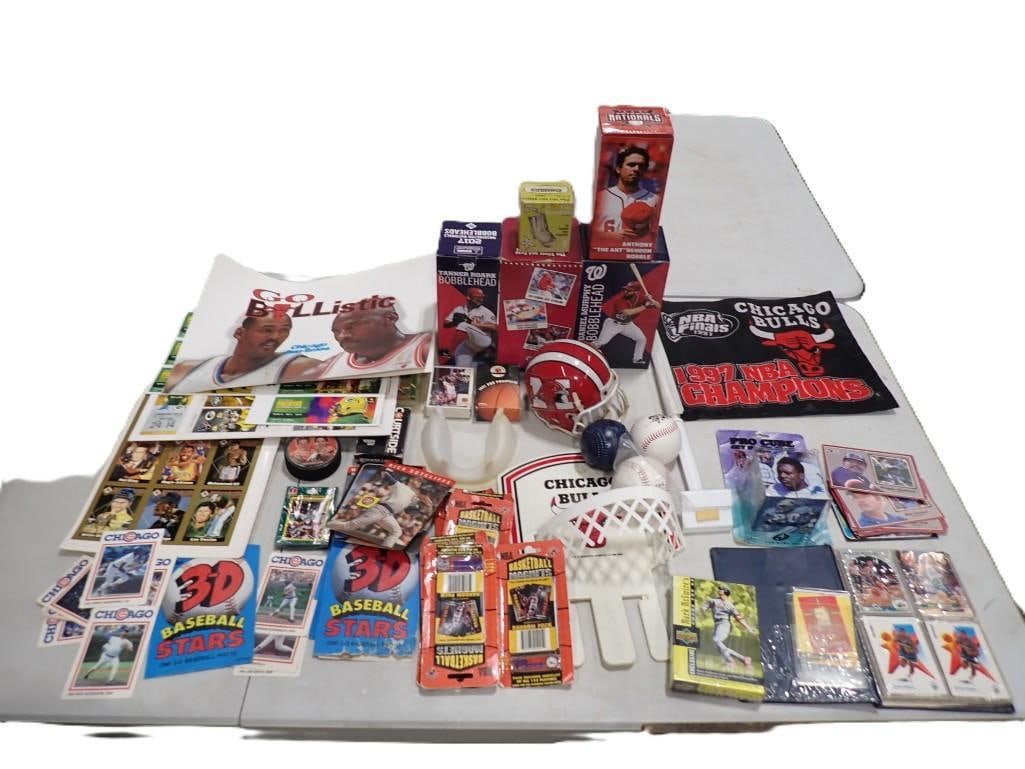 Sports Lot including Chicago Bulls, Chicago Cubs, Car Flag, Bobble Heads, Cards, Magnets, Swag, etc: Sports Lot including Chicago Bulls, Chicago Cubs, Car Flag, Bobble Heads, Cards, Magnets, Swag, etc All pictures are considered part of the description and should be examined carefully by bidders. Liv