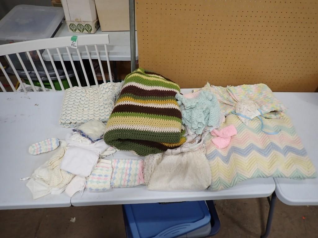 Linens incl Afghans, Doll Clothes, Etc: Linens incl Afghans, Doll Clothes, Etc All pictures are considered part of the description and should be examined carefully by bidders. Live Auctioneers is now offering Live Shipping through them. Thi