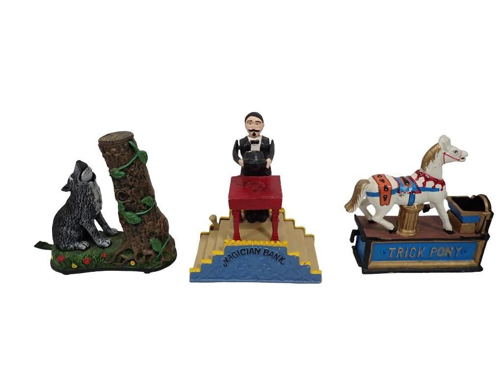 3 Cast Iron Mechanical Coin Banks incl Pony, Wolf and Tree Trunk, Magician (1 of 12)